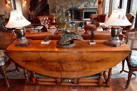 Gateleg Sofa Table, "When Matter Matters" Herb Mignery Bronze Sculpture, Pair of Antler Lamps, Other Bronze Sculptures