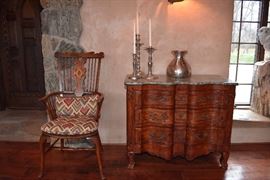 Needlepoint Windsor Style Chair, Marble Top Chest of Drawers, Hammered Aluminum, Candle Sticks
