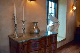 Marble Top Chest of Drawers, Hammered Aluminum, Candle Sticks, Zach Comeaux "Carved Owl" On Petrified Wood