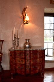 Marble Top Chest of Drawers, Hammered Aluminum, Candle Sticks, Antler Sconces