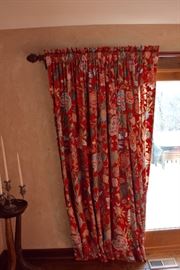 Mahogany rod + finials, custom red floral fabric.
