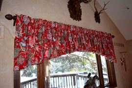 Mahogany rod + finials, custom red floral fabric.