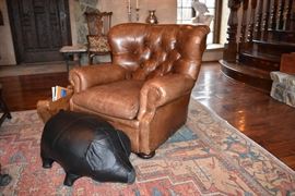 Ralph Lauren Brown Leather Chair, Pig Foot Stool
