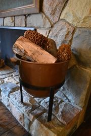 Large Copper Kettle With 2 Legged Iron Base