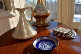 Ceramic Lamp, Arabian-Influenced Pitcher, Small Bowl, Coasters