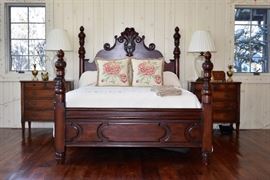 Antique Queen Size Bed, Chest Of Drawer Night Stands, Needlepoint Pillows