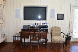 Antique Desk, Antique Upholstered Arm Chair, Marantz TV