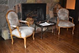 Needlepoint Arm Chairs, Antique Tray, Fireplace Items