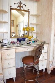 Hollywood Regency Gold Mirror, Iron Leather Stool, Yellow Iron Lamp