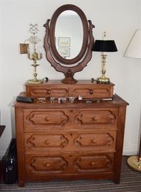 Wooden Chest of Drawers with Mirror, Antique Brass Lamps