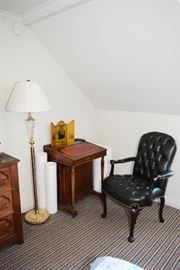 Antique Writing Desk, Executive Chair, Brass Floor Lamp