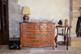 Henredon Chest of Drawers, Swan Leg Table, Copper Lamp, Various Crystal