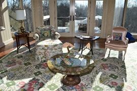 Gold-Etched Glass Top Accent Table, Andrea by Sadek Geese, Isenhour Setee, Rhodonite Side Table, Needlepoint Pillows