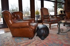 Ralph Lauren Brown Leather Chair, Pig Foot Stool