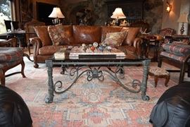 Huge Iron and Glass Coffee Table, Games, Brown Leather Sofa