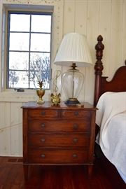 Chest Of Drawers, Glass Lamp, Brass Items