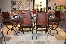 Wine Cellar Wood top, Iron Base Table and Leather / Wrought Iron Chairs with Nail Heads