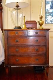 Chest Of Drawers, Glass Lamp, Pineapple Candle Stick, Brass Bell