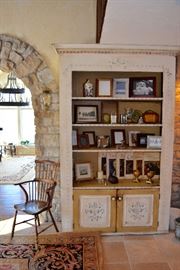 Antique Windsor Chair, Book Shelf with Picture Frames, Art Books, Clocks, Porcelain and more