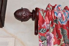 Mahogany rod + finials, custom red floral fabric.