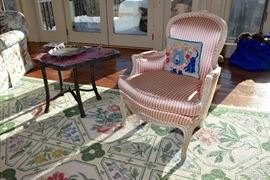 Rodonite Accent Table, Antique John Witticomb Upholstered Chair, Needlepoint Pillow