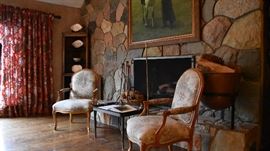 Needlepoint Arm Chairs, Antique Tray, Fireplace Items, Ma Shulin "Morning Light" Oil on Canvas