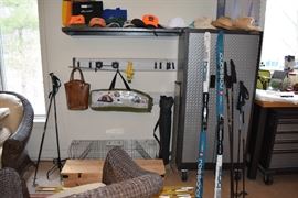 Rossignol Cross Country Skis, Poles, Raccoon Trap, Croquet Set, Camping Tent, Sun Hats, Vintage 1960's Abercrombie and Fitch Leather Handled Satchel