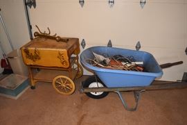 Wheelbarrow with Extension Cords, Brass Hanging Coat Rack, Retro Bar Cart
