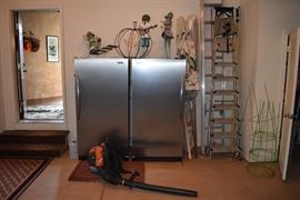 Frigidaire Fridge and Standing Freezer, Husquverna Gas Leaf Blower, Aluminum Ladders, Garden Ornaments