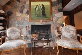 Needlepoint Arm Chairs, Antique Tray, Fireplace Items