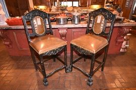 Leather and Carved Wood Bar Stool
