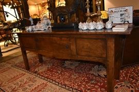 Antique Sofa Table with Bronze Sculpture, Sports Figurines, Franklin Mint Tea Set