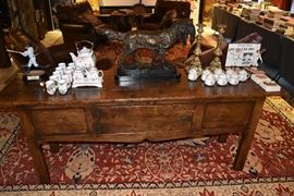 Antique Sofa Table with Bronze Sculpture, Sports Figurines, Franklin Mint Tea Set