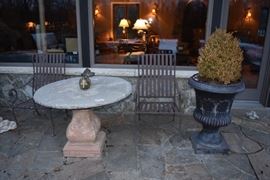 Concrete Pedestal Table, Frontgate Iron Chairs, Large Planters, Vintage Brass Fish