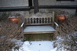 Carved Wood Bench, Copper Planters