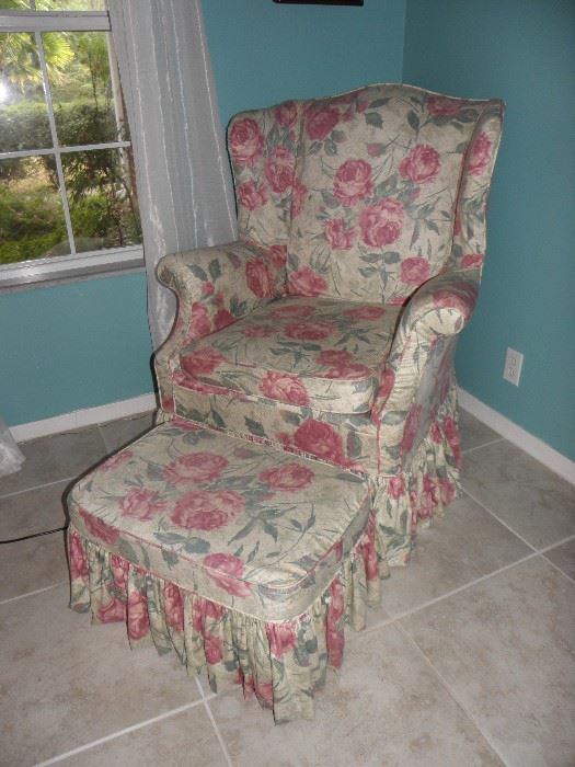 Chintz arm chair and matching ottoman