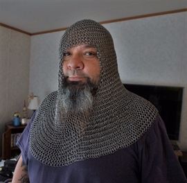 Javi wearing a chain mail hoodie...like a boss! Just the chain mail hood is for sale.