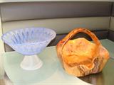Burled wood basket & art glass bowl
