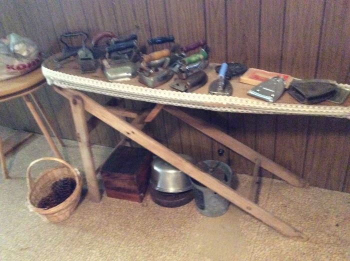 ANTIQUE IRONING BOARD AND IRONS