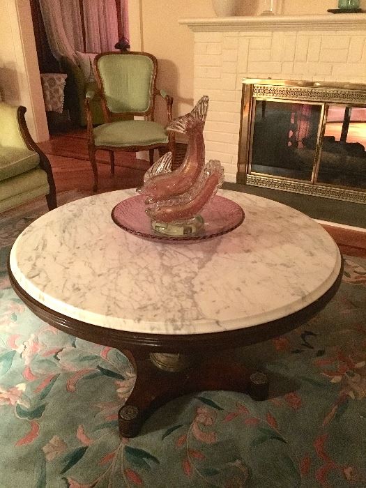 Marble top coffee table & vintage Murano glass sculpture