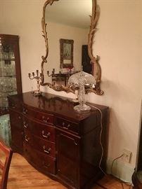 Dining room sideboard & antique mirror