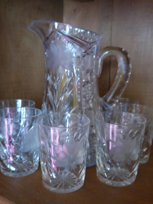 Cut glass pitcher and tumbler set