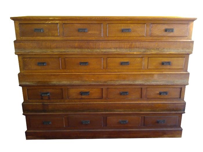 FABULOUS! One-of-a-kind storage chest!  This 4-course stack of drawers is built from the foundations of barrister bookcases from an old mid-west law firm!  80" long - comes apart for easy moving.