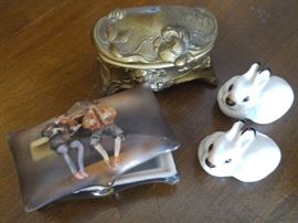 Royal Bayreuth trinket box, Russian porcelain bunnies, dresser casket