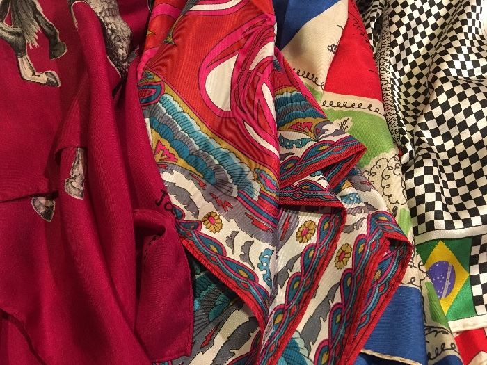 Some of the hundreds of silk scarves from France, Switzerland, Japan, England and more. All unworn.