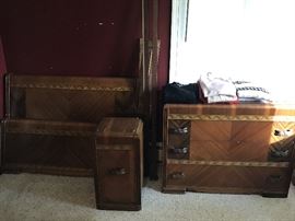 Vintage art decor set. Dresser, night stand and head/foot board.