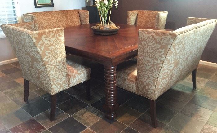 Gorgeous Oversized Dining Table (turned legs and inlaid top) w Bell Craft Banquettes (2) and 4 Chairs (CENTERPIECE MAY NOT BE AVAILABLE)