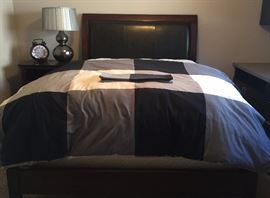 Sleigh Bed Queen, Nightstand, Lamp, IKEA Bedding