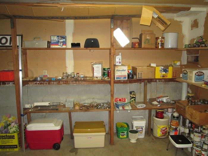 Garage--Coolers, nails, screws, cans of oil