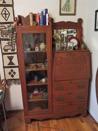 Drop front secretary glass door cabinet